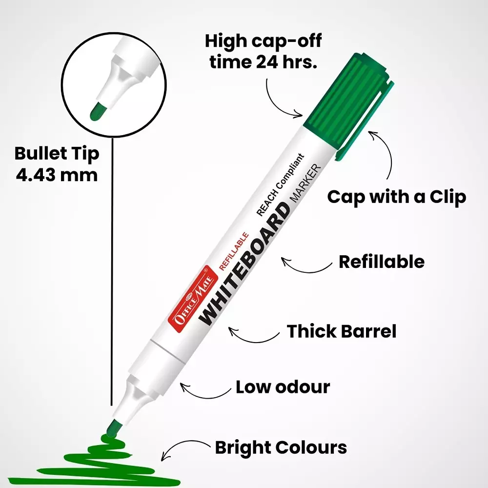 Soni Office Mate Regular Whiteboard Marker Cap with Clip Type Quick Dry, Easy Wipe 4.43 mm Bullet Tip Ideal For Home, School & Office Use, Multicolor (Pack of 10)