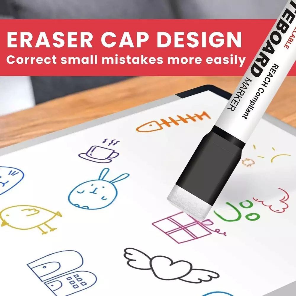 Soni Office Mate Whiteboard Marker With Duster on Cap Type Quick Dry, Easy Wipe 4.43 mm Bullet Tip Ideal For Home, School & Office Use, Multicolor (Pack of 10)