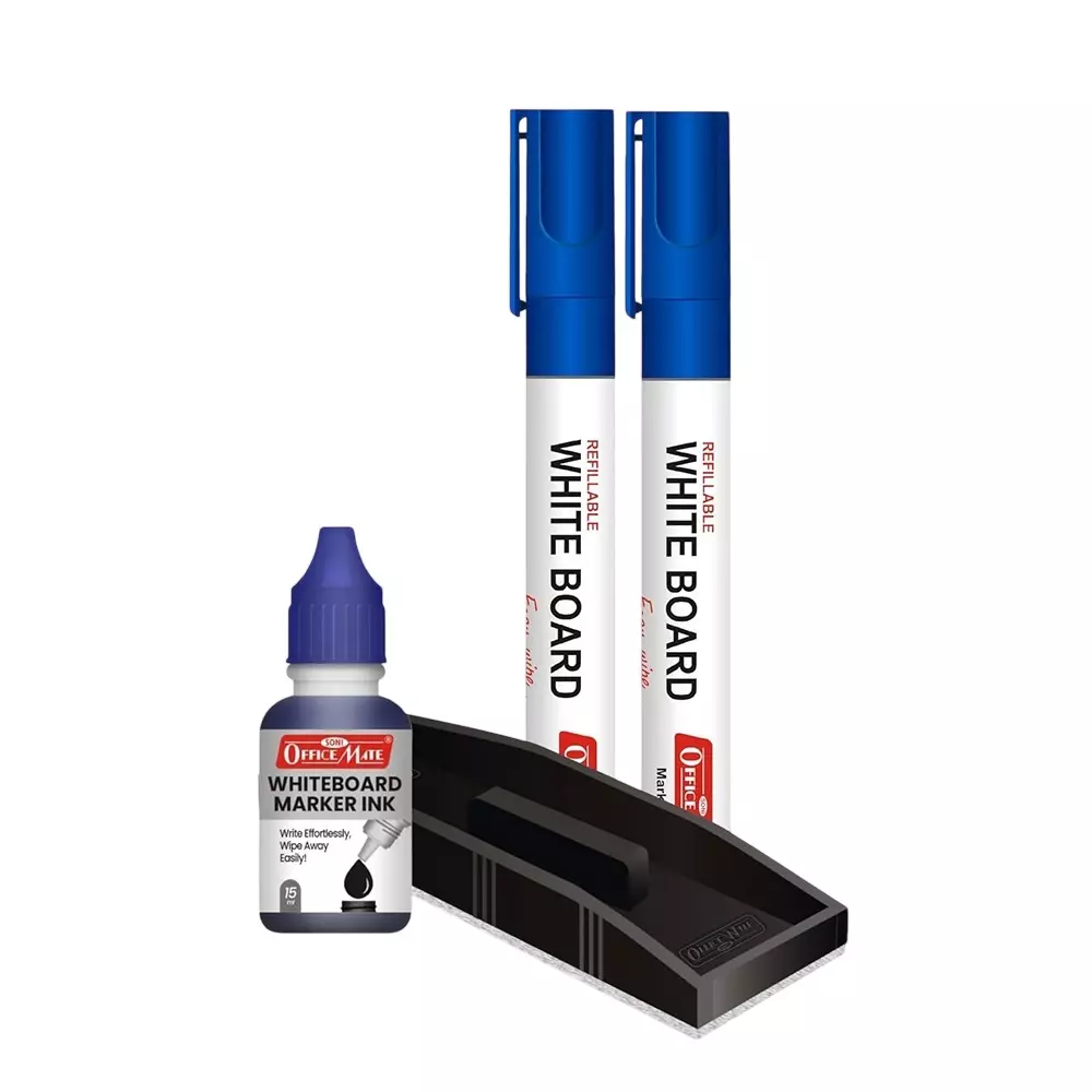 Soni OfficeMate Whiteboard Marker, Duster & Ink Combo 14 cm Marker Size 4.43 mm Tip Size 15 ml Blue Ink Color for Office, College & School Use
