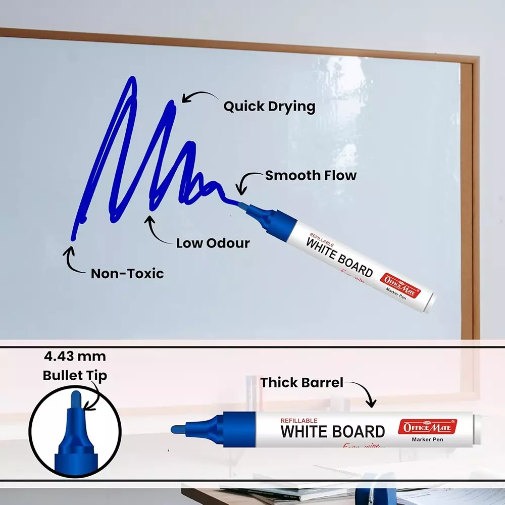 Soni OfficeMate Whiteboard Marker, Duster & Ink Combo 14 cm Marker Size 4.43 mm Tip Size 15 ml Blue Ink Color for Office, College & School Use