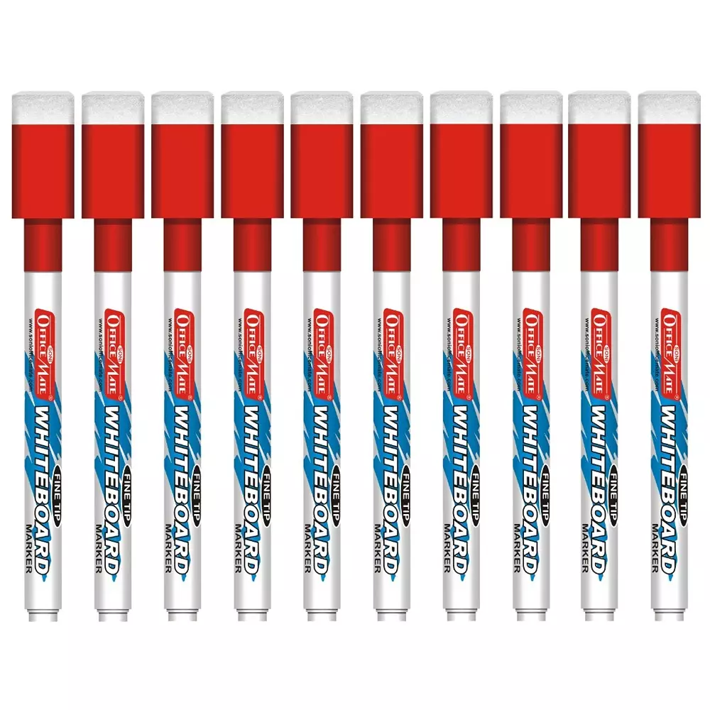 Soni Office Mate Fine Tip Whiteboard Marker with Duster Cap 2.5 mm Bullet Tip Red Color for Schools & Offices (Pack of 10)