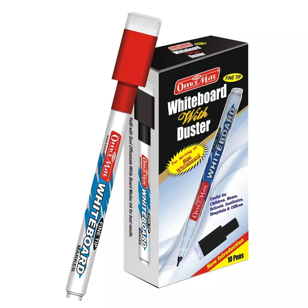 Soni Office Mate Fine Tip Whiteboard Marker with Duster Cap 2.5 mm Bullet Tip Red Color for Schools & Offices (Pack of 10)