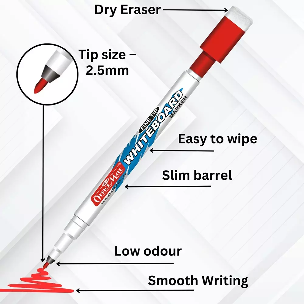 Soni Office Mate Fine Tip Whiteboard Marker with Duster Cap 2.5 mm Bullet Tip Red Color for Schools & Offices (Pack of 10)