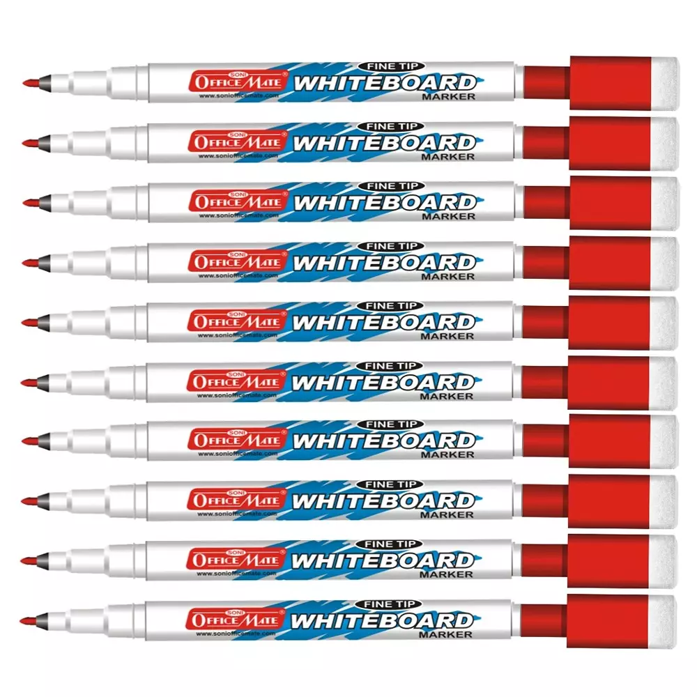 Soni Office Mate Fine Tip Whiteboard Marker with Duster Cap 2.5 mm Bullet Tip Red Color for Schools & Offices (Pack of 10)