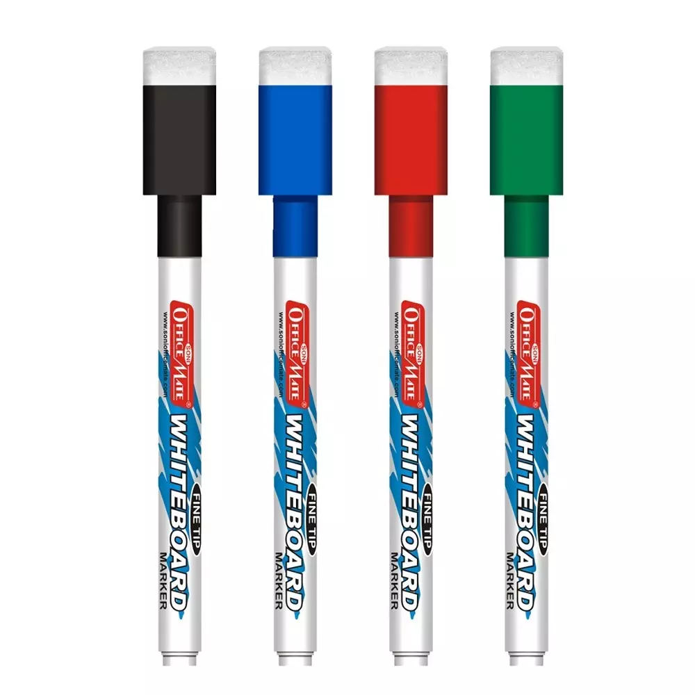 Soni Office Mate 2.5 mm Fine Tip Whiteboard Marker with Duster Cap for Office, School, Home, Multicolor (Pack of 4)