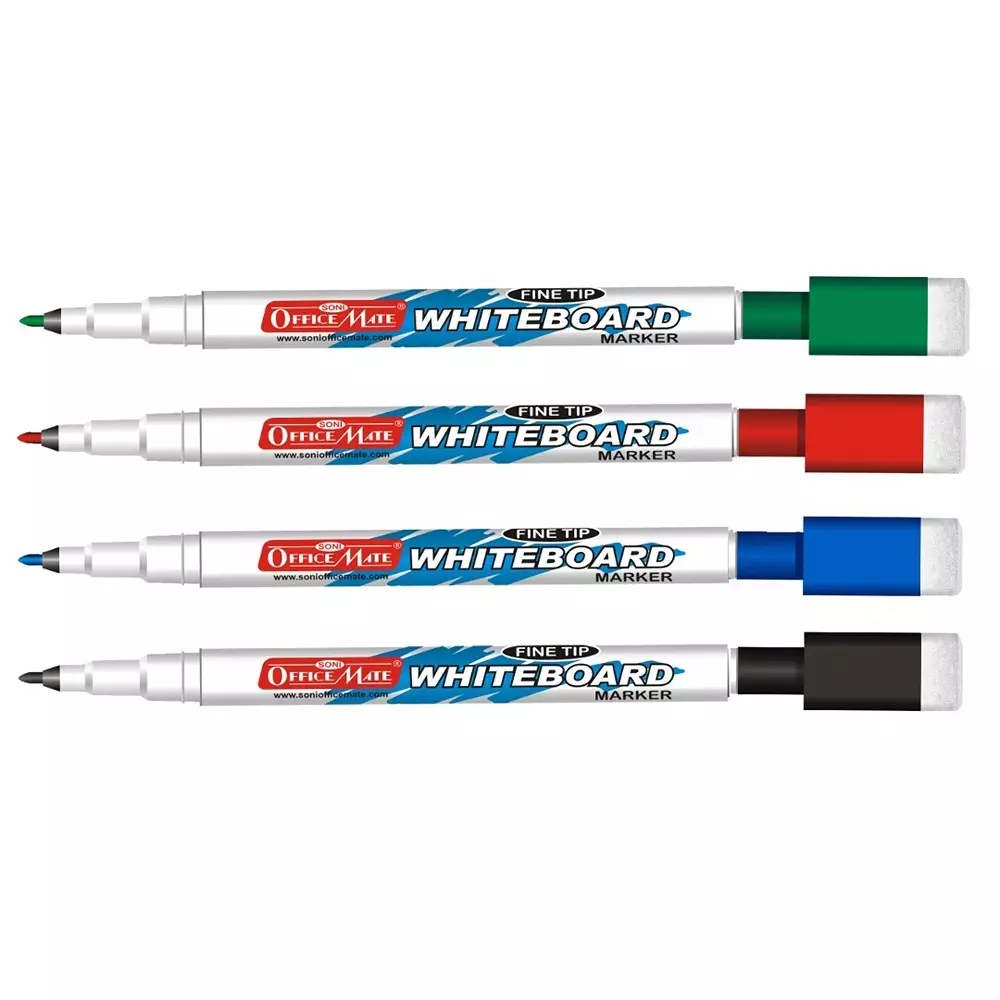 Soni Office Mate 2.5 mm Fine Tip Whiteboard Marker with Duster Cap for Office, School, Home, Multicolor (Pack of 4)
