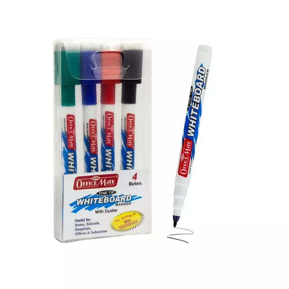 Soni Office Mate 2.5 mm Fine Tip Whiteboard Marker with Duster Cap for Office, School, Home, Multicolor (Pack of 4)