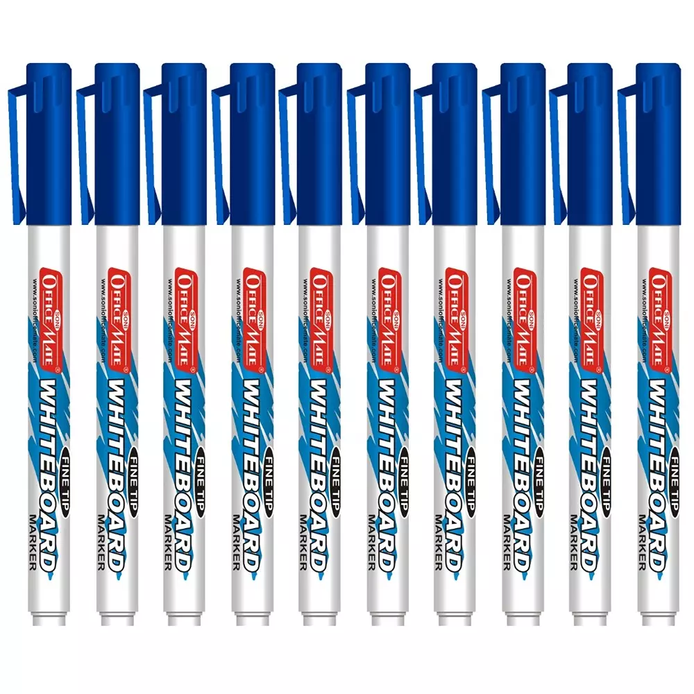 Soni Office Mate Fine Tip Whiteboard Marker 2.5 mm Bullet Tip Blue Color for Schools & Offices (Pack of 10)