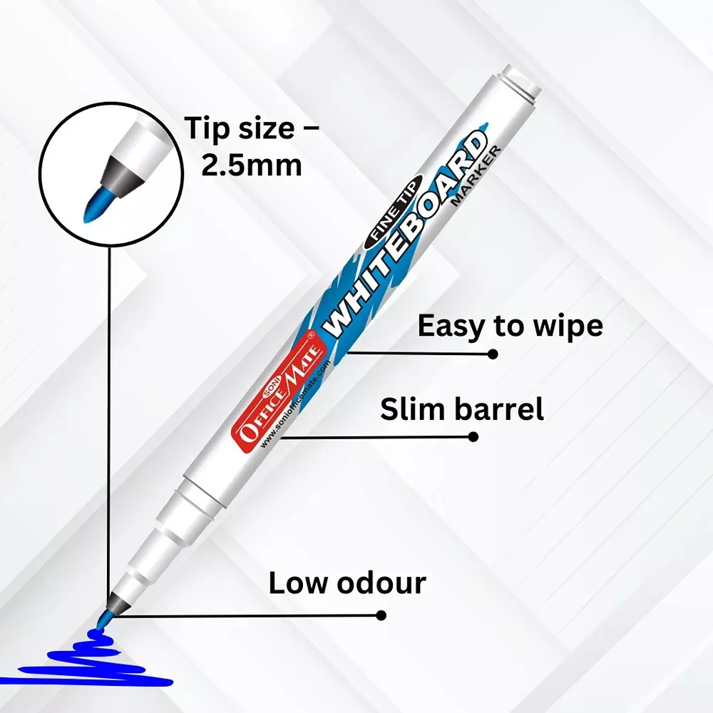 Soni Office Mate Fine Tip Whiteboard Marker 2.5 mm Bullet Tip Blue Color for Schools & Offices (Pack of 10)