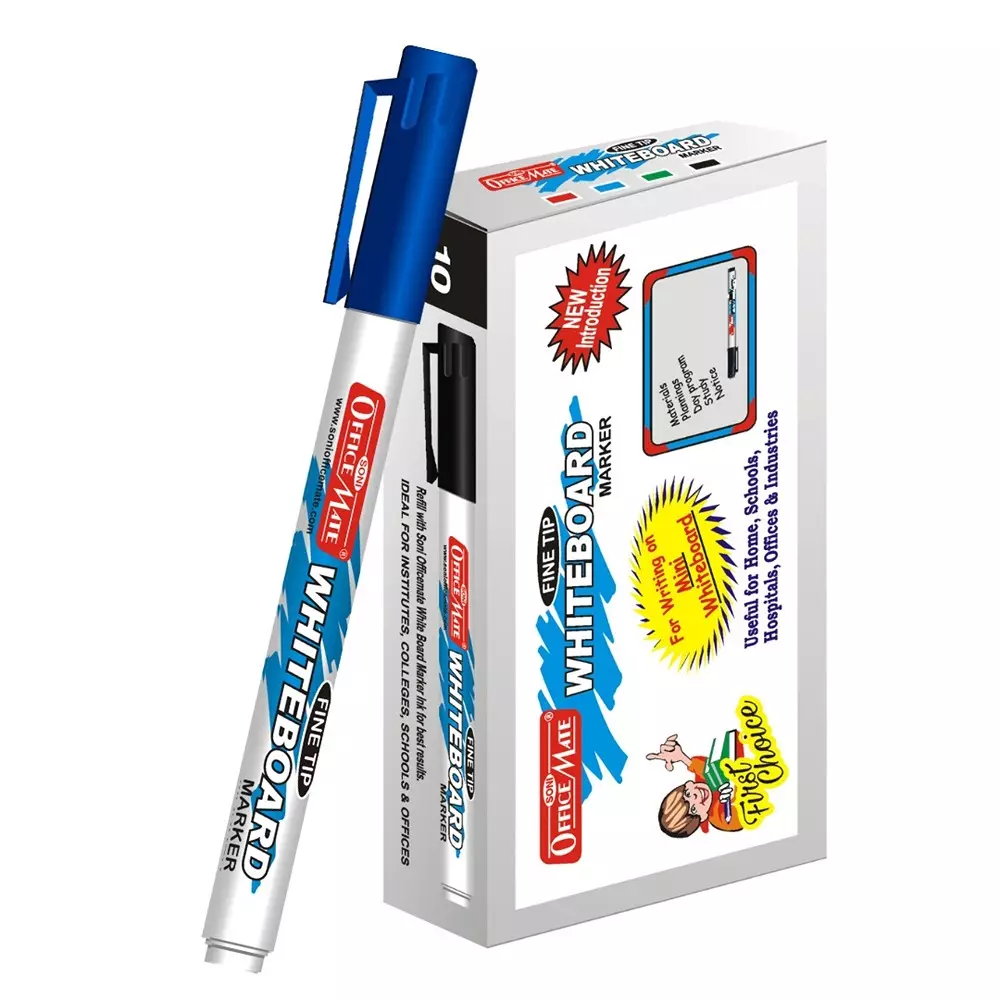 Soni Office Mate Fine Tip Whiteboard Marker 2.5 mm Bullet Tip Blue Color for Schools & Offices (Pack of 10)