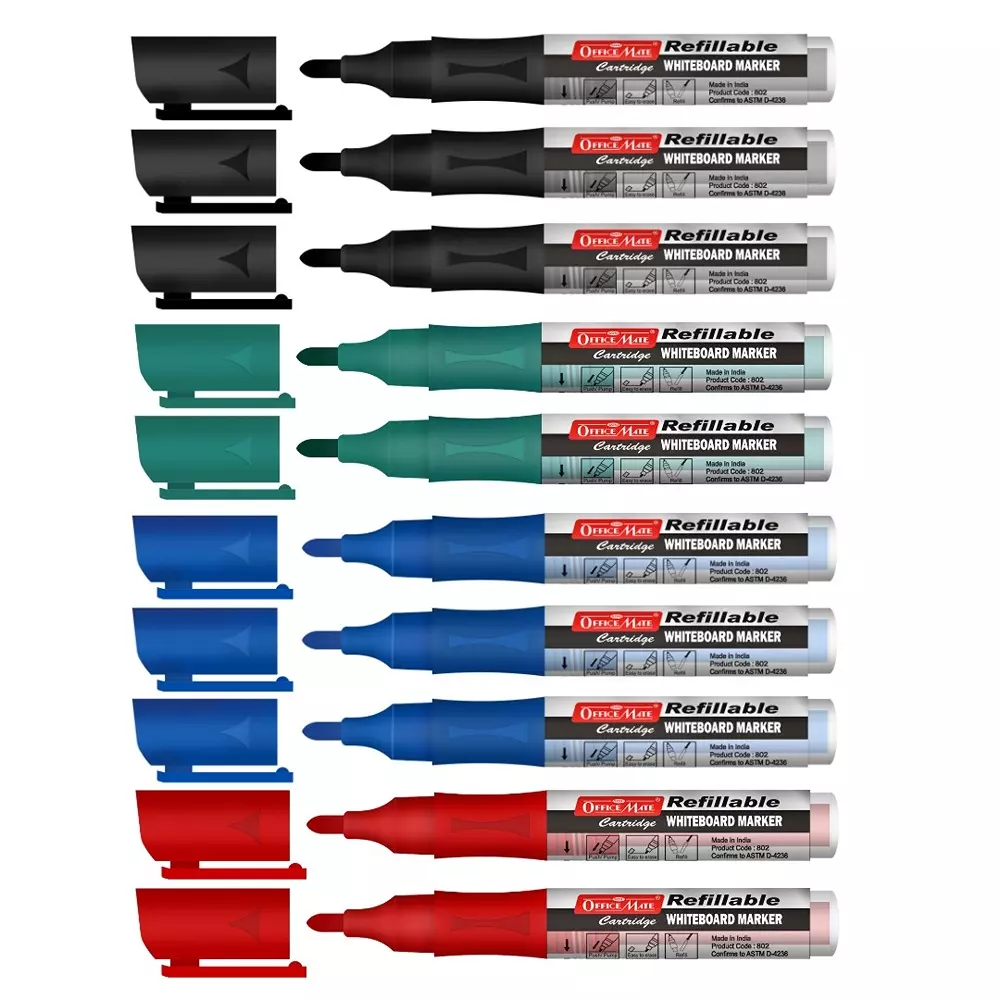 Soni Office Mate Whiteboard Marker with Refillable Cartridges 4.43 mm Bullet Tip Soni Office Mate Long Lasting Ink, Multicolor (Pack of 10)