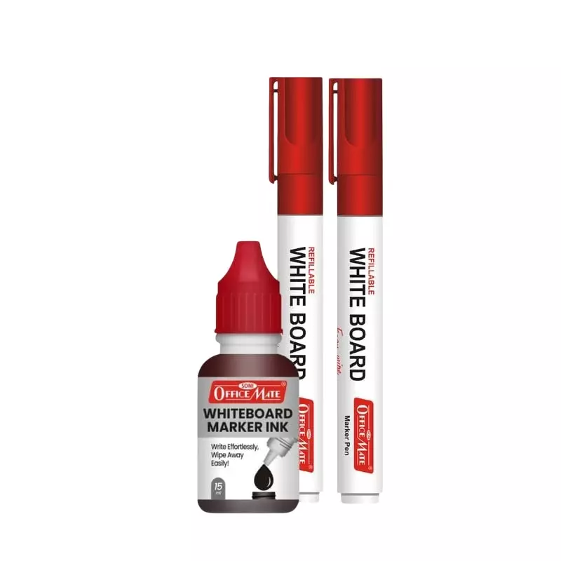 Soni OfficeMate Whiteboard Markers & Ink Combo 14 cm Marker Size 4.43 mm Tip Size 15 ml Red Ink Color for Office, College & School Use