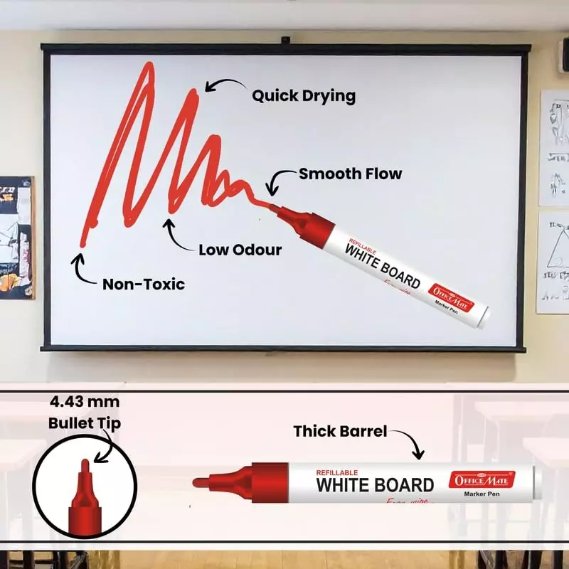 Soni OfficeMate Whiteboard Markers & Ink Combo 14 cm Marker Size 4.43 mm Tip Size 15 ml Red Ink Color for Office, College & School Use