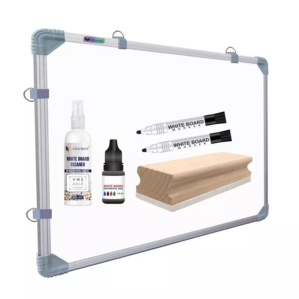 EDUWAY 61x91 cm (2x3 Feet) Non-Magnetic Double-Sided Whiteboard with 2 Marker, Ink, Cleaner & Duster Combo White & Green