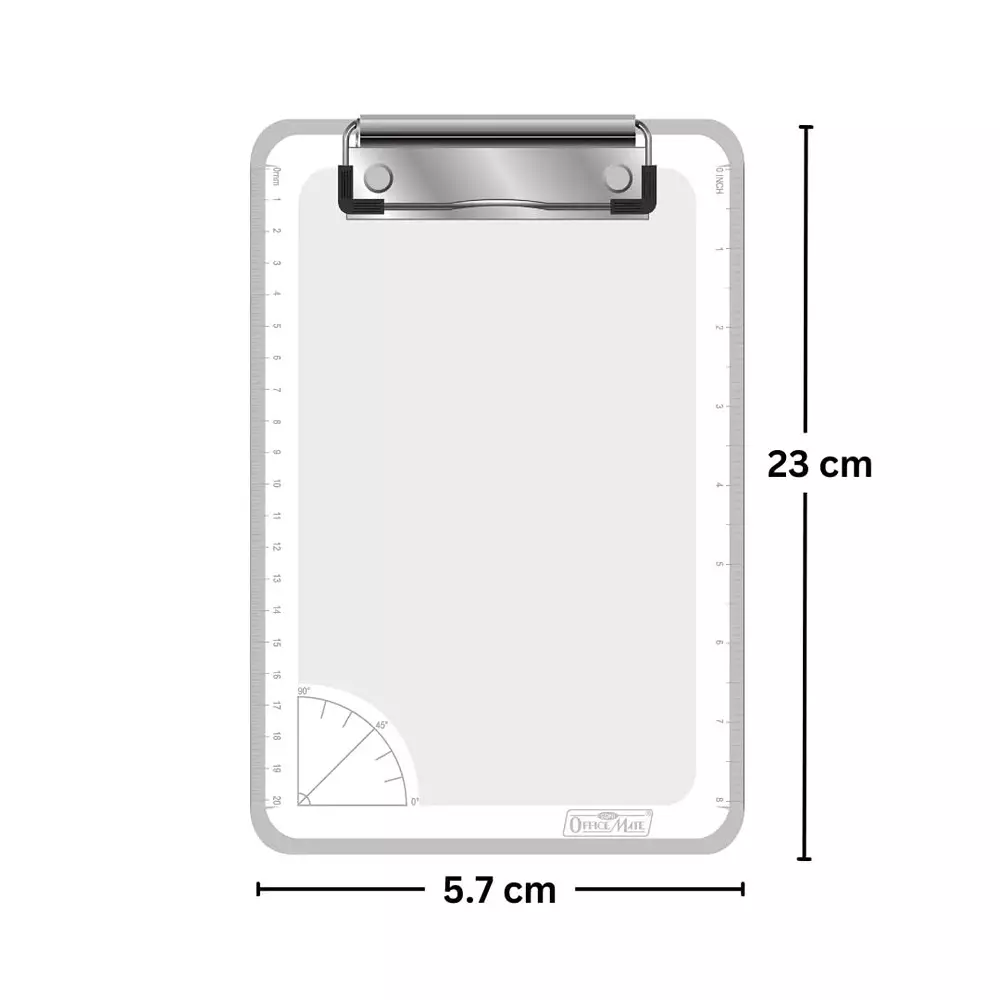 Soni Office Mate Small Exam Board with In-Built 20 cm Scale & 90° Protractor Metal Clip 23x5.7 cm Ideal for School, Home & Office Use
