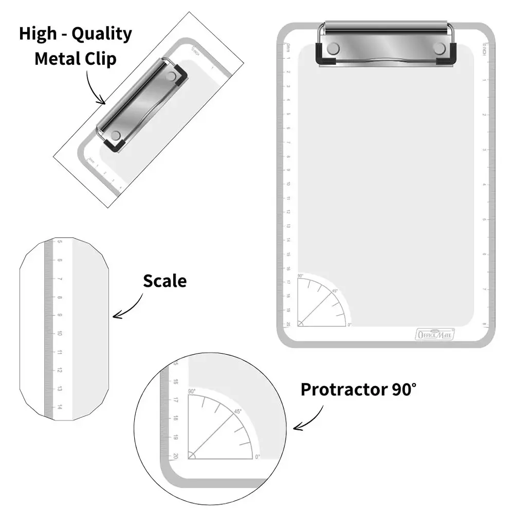 Soni Office Mate Small Exam Board with In-Built 20 cm Scale & 90° Protractor Metal Clip 23x5.7 cm Ideal for School, Home & Office Use