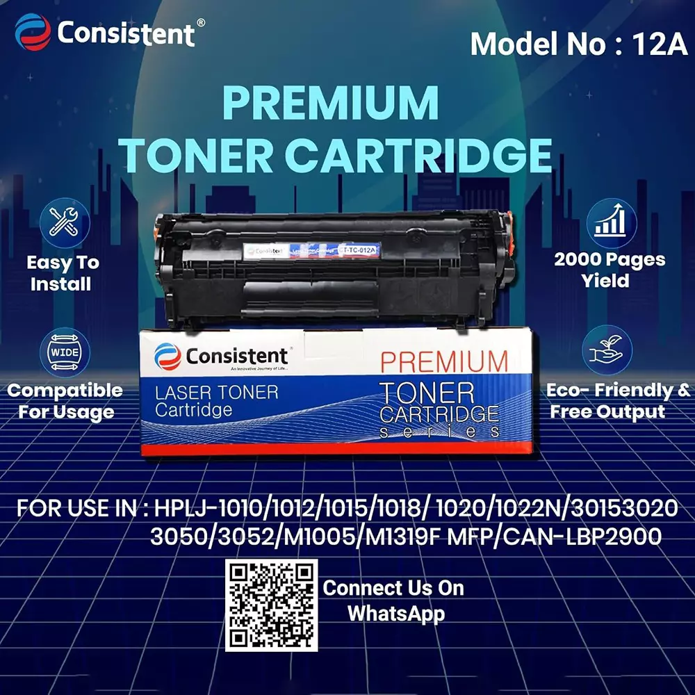 Consistent Laser Toner Cartridge 2000 Page Yield Black Ink for HPLJ- 1010/1012/1015/1018/1020/1022/1022N/3015/3020/3030/3050/3052/3055/M1005/M1005 MFP/M1319F MFP Can- LBP2900/3000, CTTC012A