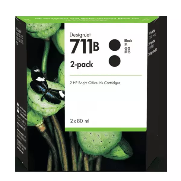 HP 711B Ink Cartridge 2 Pack 80 ml Black Color Compatible With HP DesignJet T100, 3WX02A