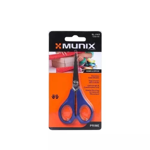 Munix Scissor Silver & Blue 108 mm Stainless Steel Pointed Tip Plastic Handle for Cutting Paper & Ribbon, SL-1143-8 (Pack of 8 Pcs)