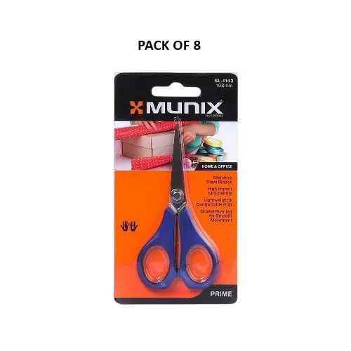 Munix Scissor Silver & Blue 108 mm Stainless Steel Pointed Tip Plastic Handle for Cutting Paper & Ribbon, SL-1143-8 (Pack of 8 Pcs)