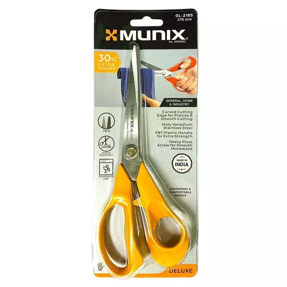 Munix Stainless Steel Scissors, Curved Blades Round Tip, 216 mm (8.5 inch), Yellow  GL-2185