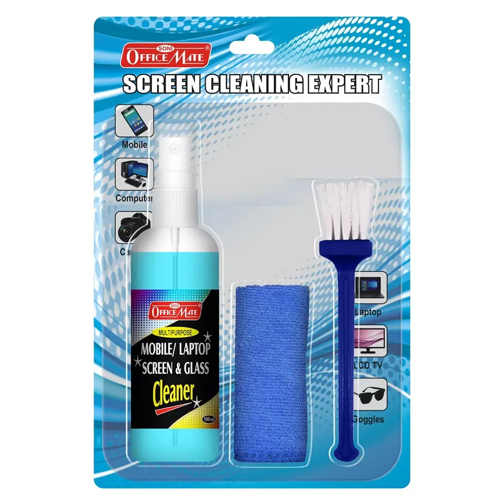 Soni Office Mate Multipurpose Screen Cleaning Kit Contains 100ml Cleaner + Microfiber Cloth + Brush for School, Office & Home