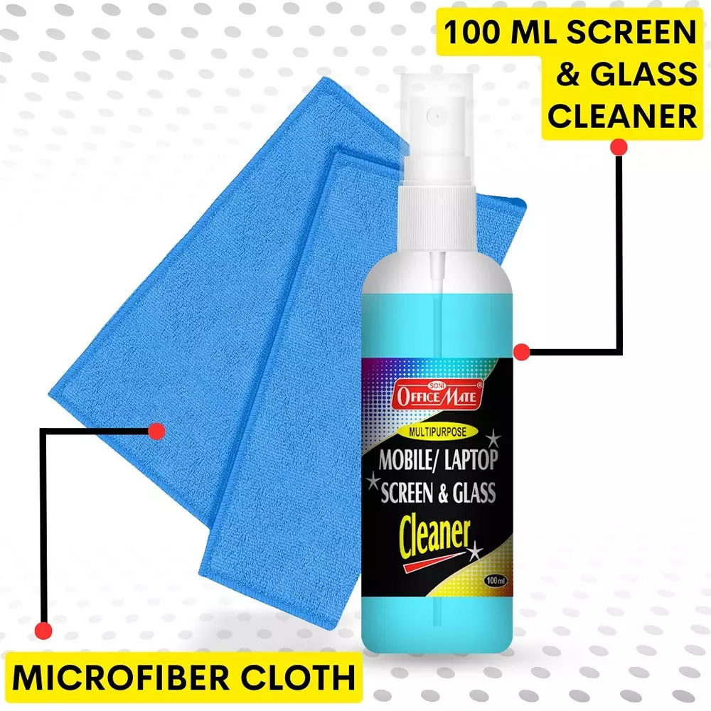 Soni Office Mate Multipurpose Screen Cleaning Kit Contains 100ml Cleaner + Microfiber Cloth + Brush for School, Office & Home