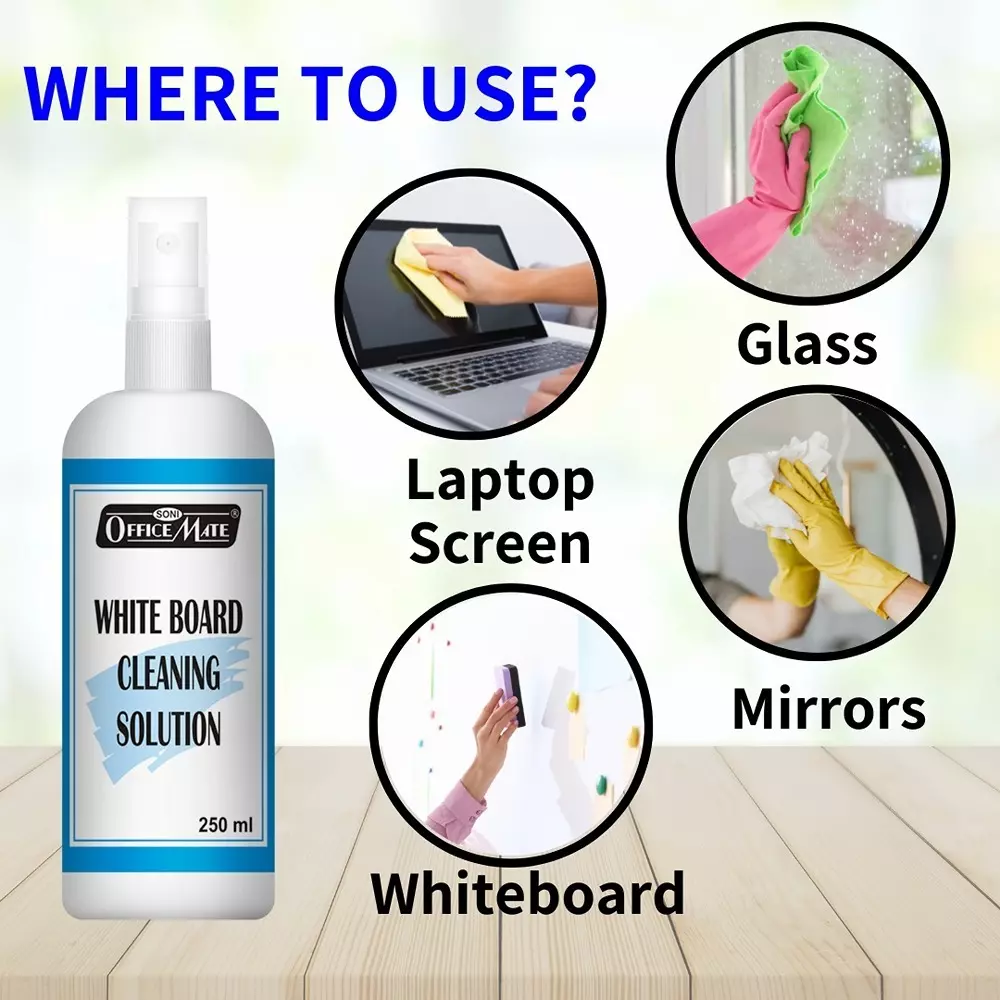Soni Office Mate 250 ml Whiteboard Cleaning Solution Eco-Friendly Non Toxic and Powerful Stain Remover Spray Bottle for Whiteboards, Glass & More