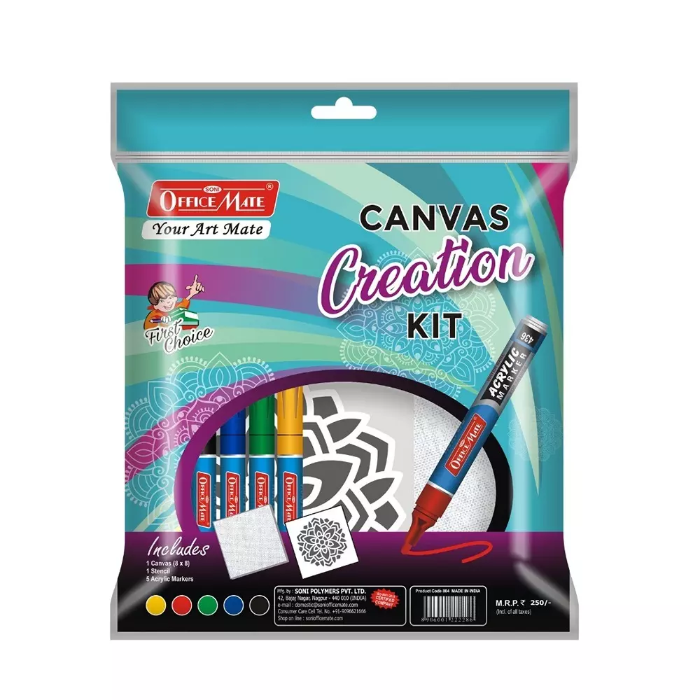 Soni Office Mate 7 Pcs Canvas Creation Kit Contains 5 Acrylic Markers, 1 Canvas, 1 Stencil Ideal for Artists