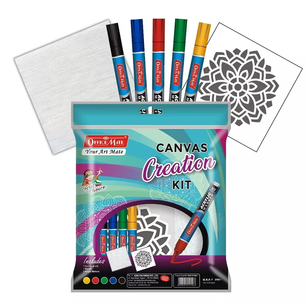 Soni Office Mate 7 Pcs Canvas Creation Kit Contains 5 Acrylic Markers, 1 Canvas, 1 Stencil Ideal for Artists
