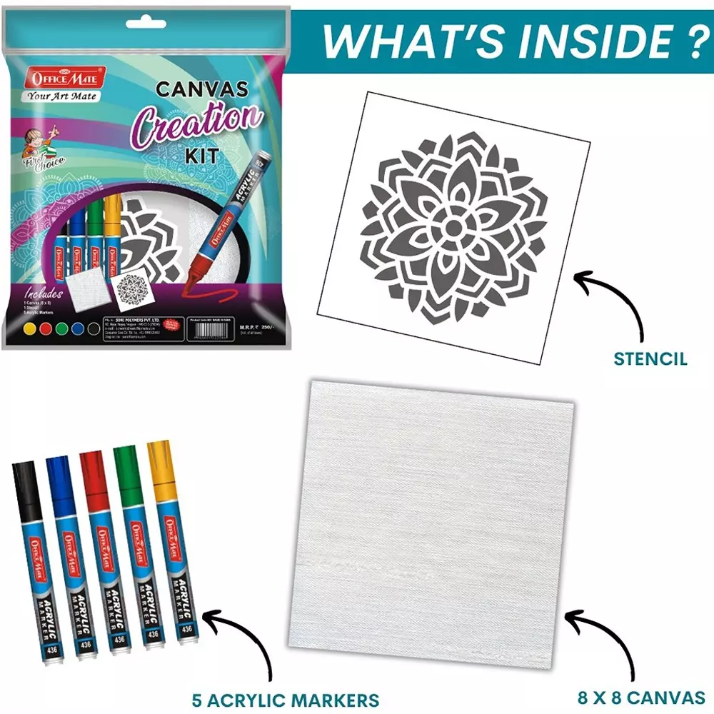 Soni Office Mate 7 Pcs Canvas Creation Kit Contains 5 Acrylic Markers, 1 Canvas, 1 Stencil Ideal for Artists