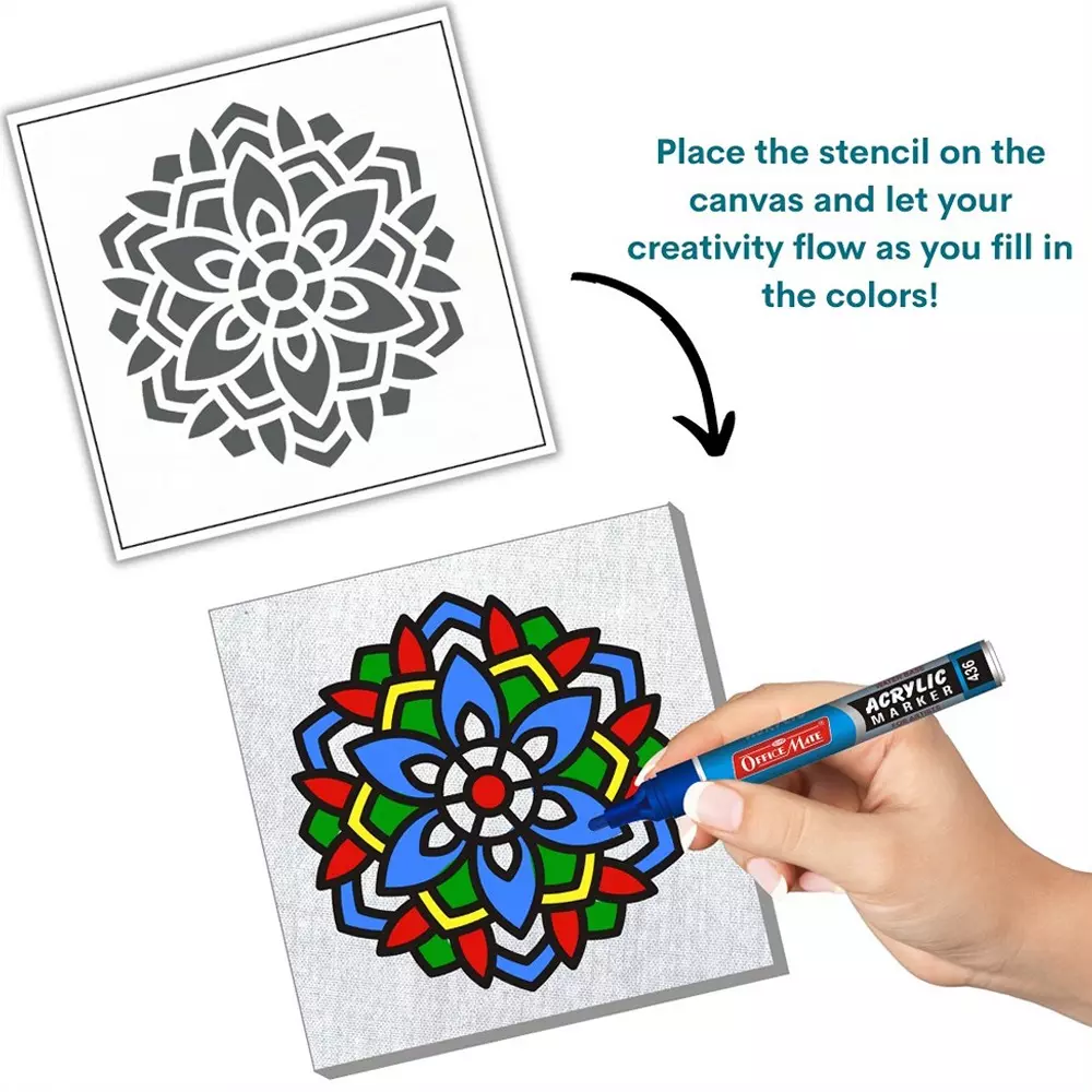Soni Office Mate 7 Pcs Canvas Creation Kit Contains 5 Acrylic Markers, 1 Canvas, 1 Stencil Ideal for Artists