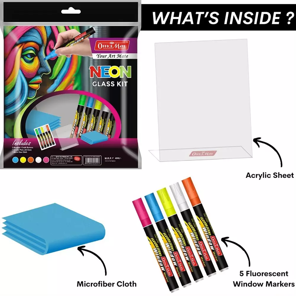 Soni Office Mate 7 Pcs Neon Glass Kit Smudge-Free, Easy Erase Ideal for Glass Boards, Mirrors & Windows