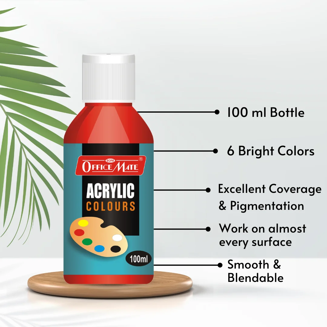 Soni Office Mate 100 ml Acrylic Paint Color Water-Based, Fast Drying for Canvas, Wood, Plastic & More (Pack of 6)