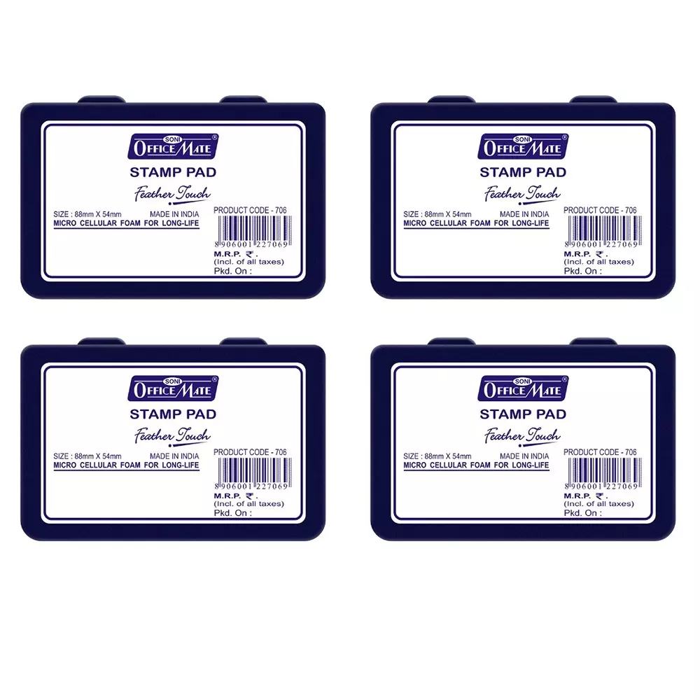 Soni Office Mate Stamp Pad 88x54 mm Refillable Design Crisp, Quick-Dry, Smudge-Free Ink for Office, School, Craft & DIY, Violet (Pack of 4)