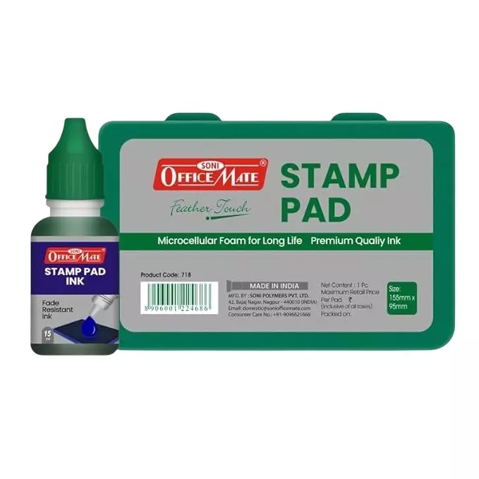 Soni OfficeMate Stamp Pad & Ink Combo 155x95 mm Stamp Pad Size Large 15 ml Green Ink Color for Office, College & Craft Use