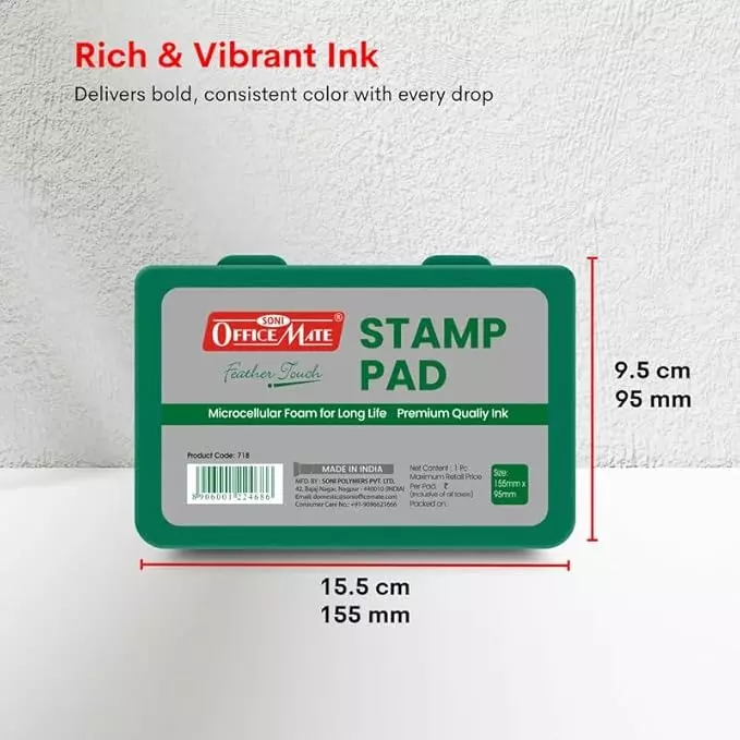Soni OfficeMate Stamp Pad & Ink Combo 155x95 mm Stamp Pad Size Large 15 ml Green Ink Color for Office, College & Craft Use