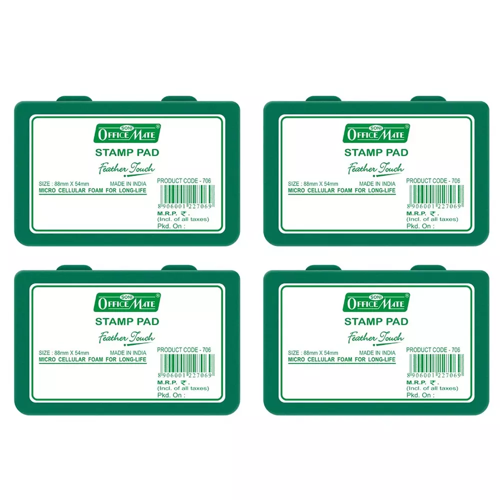 Soni Office Mate Stamp Pad 88x54 mm Refillable Design Crisp, Quick-Dry, Smudge-Free Ink for Office, School, Craft & DIY, Green (Pack of 4)