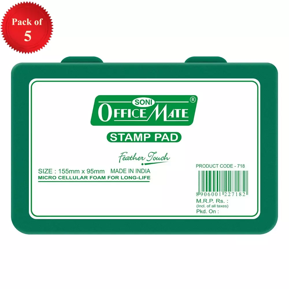 Soni Office Mate Large Stamp Pad 155x95 mm Refillable Design Crisp, Quick-Dry, Smudge-Free Ink for Office, School, Craft & DIY, Green (Pack of 5)