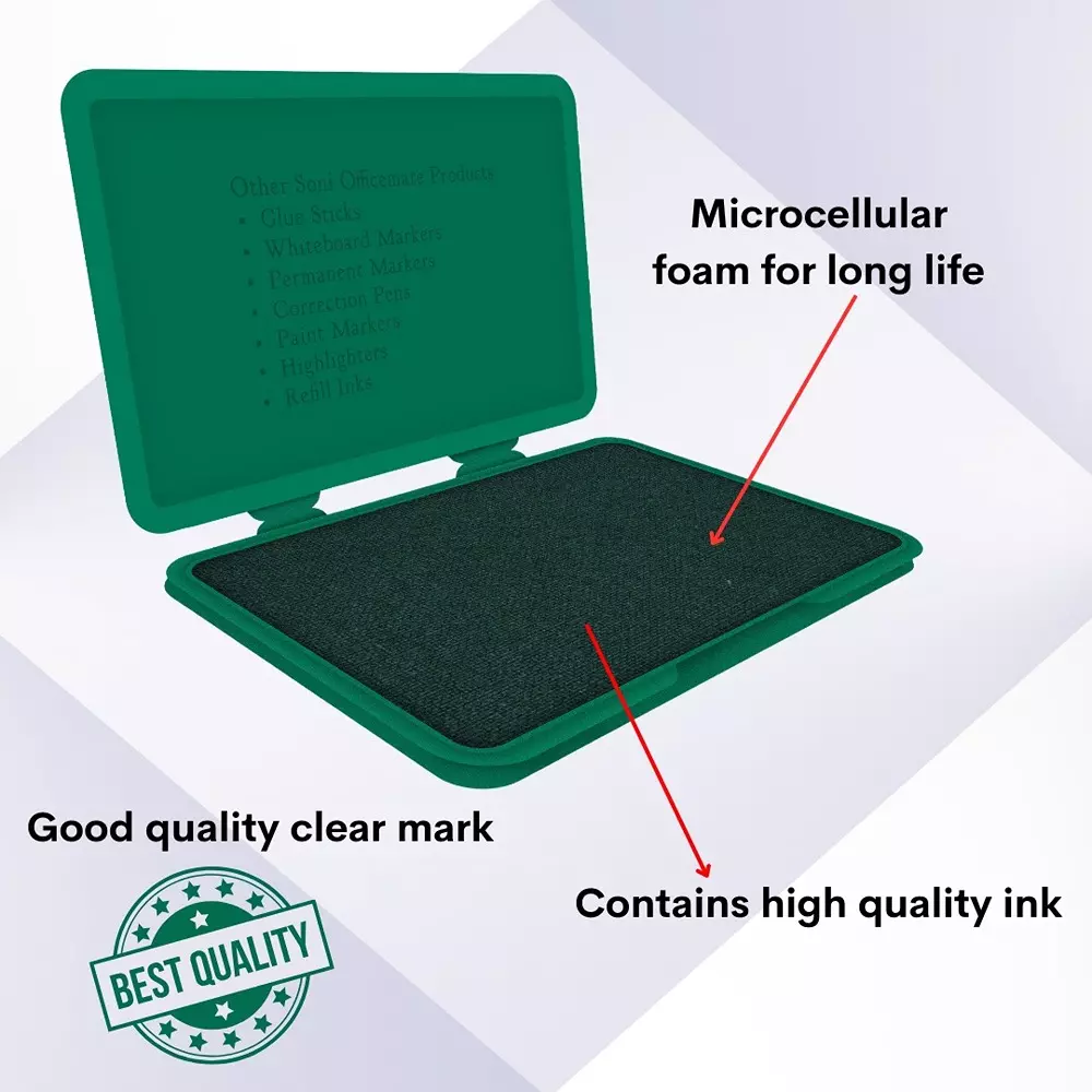 Soni Office Mate Large Stamp Pad 155x95 mm Refillable Design Crisp, Quick-Dry, Smudge-Free Ink for Office, School, Craft & DIY, Green (Pack of 5)