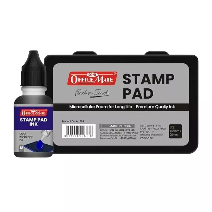 Soni OfficeMate Stamp Pad & Ink Combo 155x95 mm Stamp Pad Size Large 15 ml Black Ink Color for Office, College & Craft Use