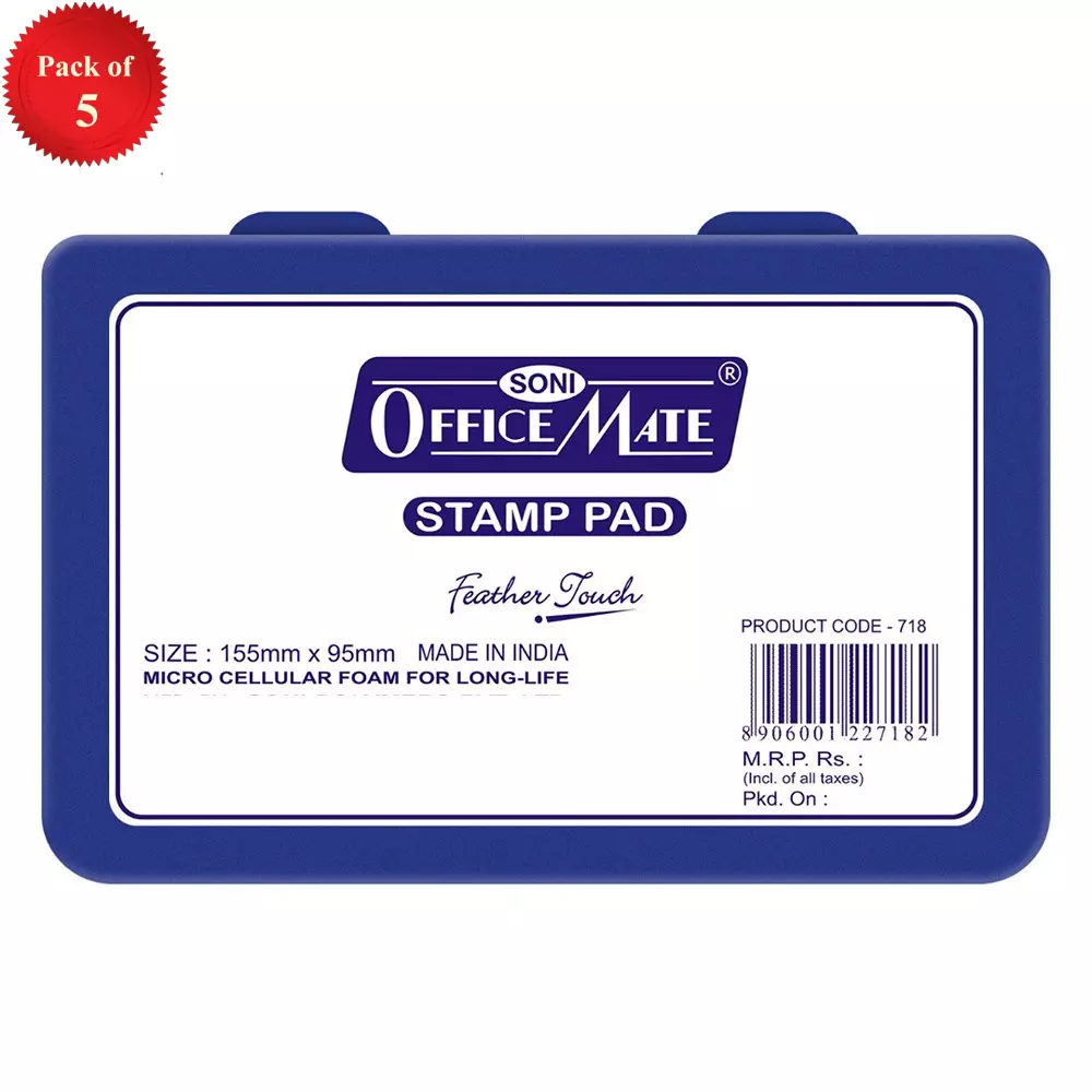 Soni Office Mate Large Stamp Pad 155x95 mm Refillable Design Crisp, Quick-Dry, Smudge-Free Ink for Office, School, Craft & DIY, Blue (Pack of 5)
