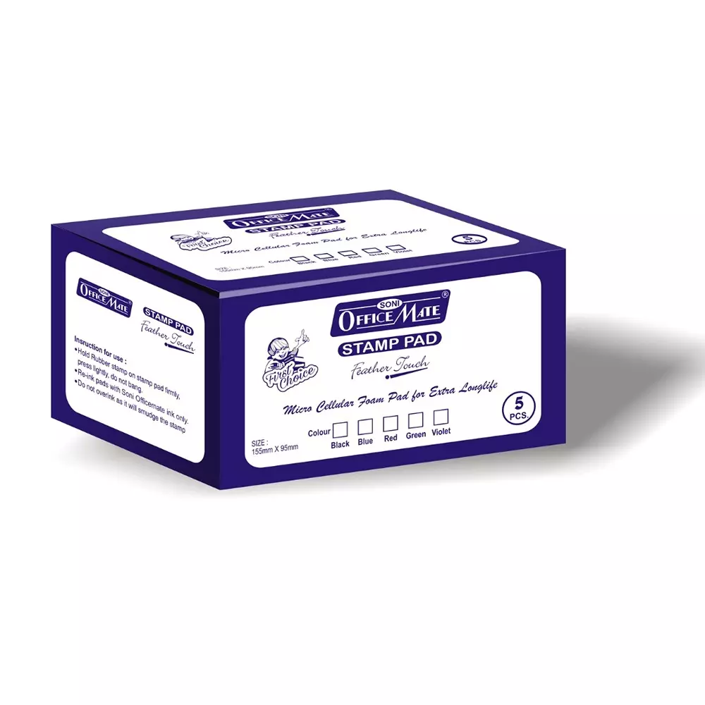Soni Office Mate Large Stamp Pad 155x95 mm Refillable Design Crisp, Quick-Dry, Smudge-Free Ink for Office, School, Craft & DIY, Blue (Pack of 5)