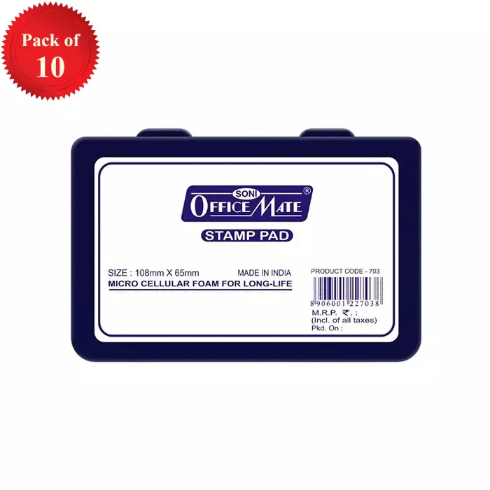 Soni Office Mate Medium Stamp Pad 108x65 mm Refillable Design Crisp, Quick-Dry, Smudge-Free Ink for Office, School, Craft & DIY, Violet (Pack of 10)