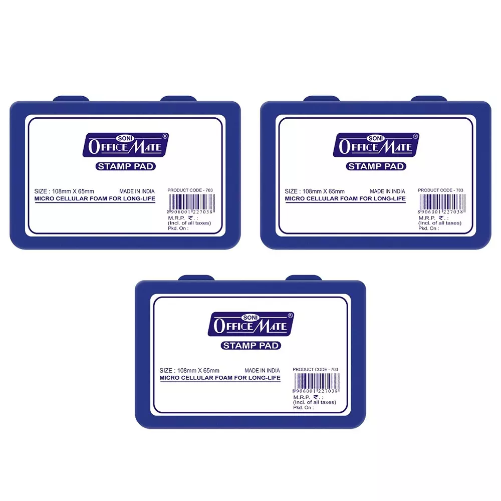 Soni Office Mate Medium Stamp Pad 108x65 mm Refillable Design Crisp, Quick-Dry, Smudge-Free Ink for Office, School, Craft & DIY, Blue (Pack of 3)