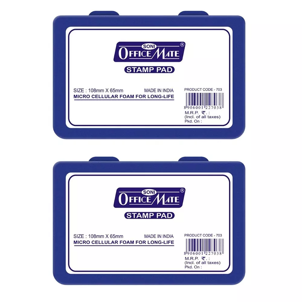 Soni Office Mate Small Stamp Pad - Blue, 88x54 mm Refillable and Durable Ideal for Office, School, Craft & DIY Use (Pack of 2)