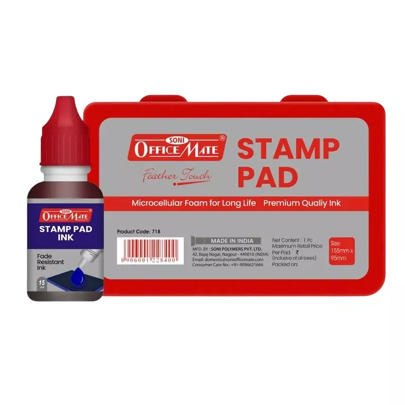 Soni OfficeMate Stamp Pad & Ink Combo 155x95 mm Stamp Pad Size Large 15 ml Red Ink Color for Office, College & Craft Use