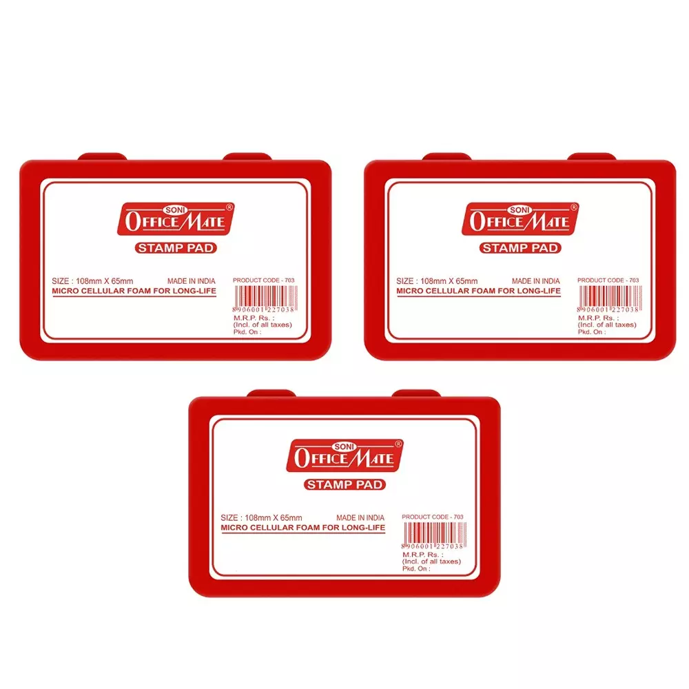 Soni Office Mate Medium Stamp Pad 108x65 mm Refillable Design Crisp, Quick-Dry, Smudge-Free Ink for Office, School, Craft & DIY, Red (Pack of 3)
