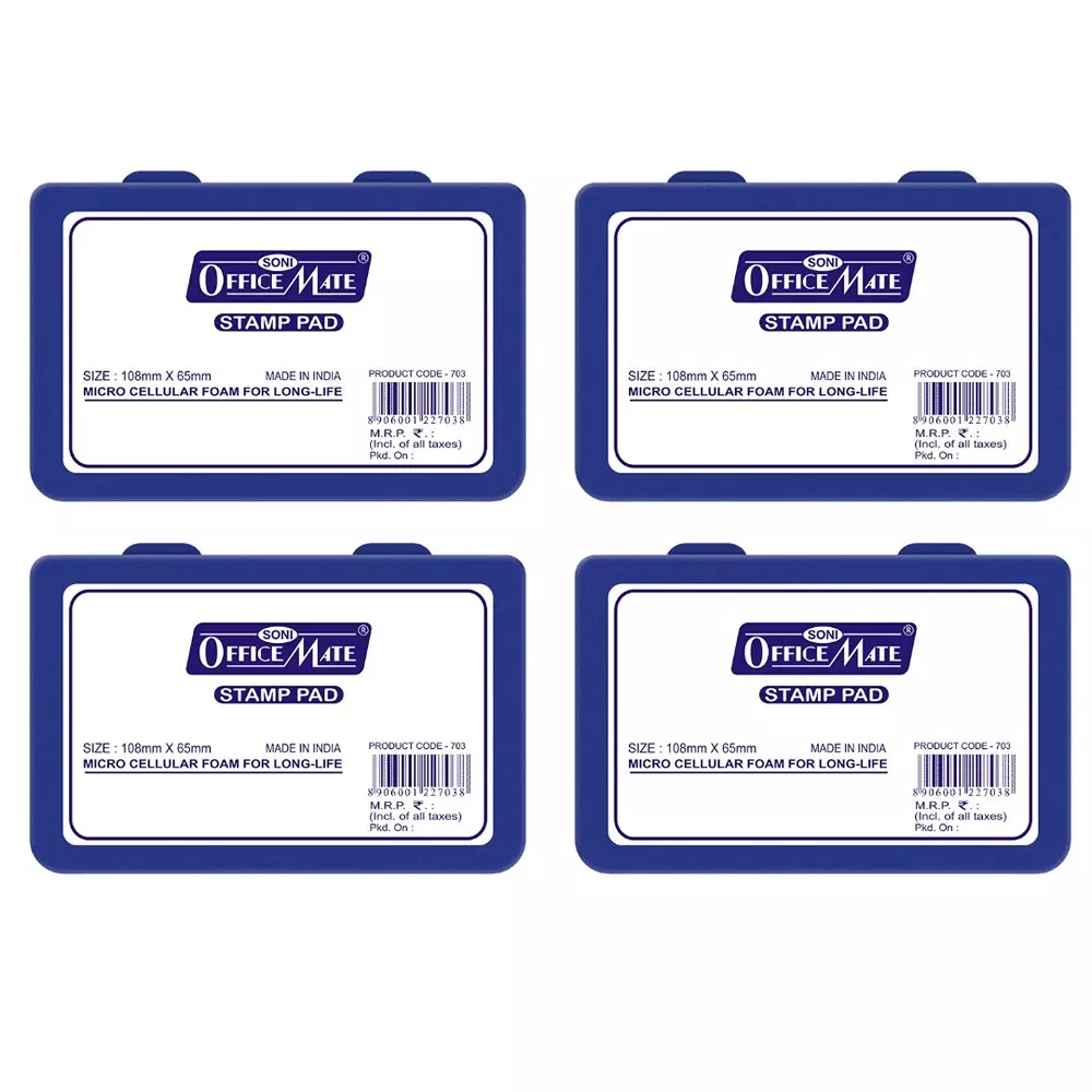 Soni Office Mate Stamp Pad 88x54 mm Refillable Design Crisp, Quick-Dry, Smudge-Free Ink for Office, School, Craft & DIY, Blue (Pack of 4)