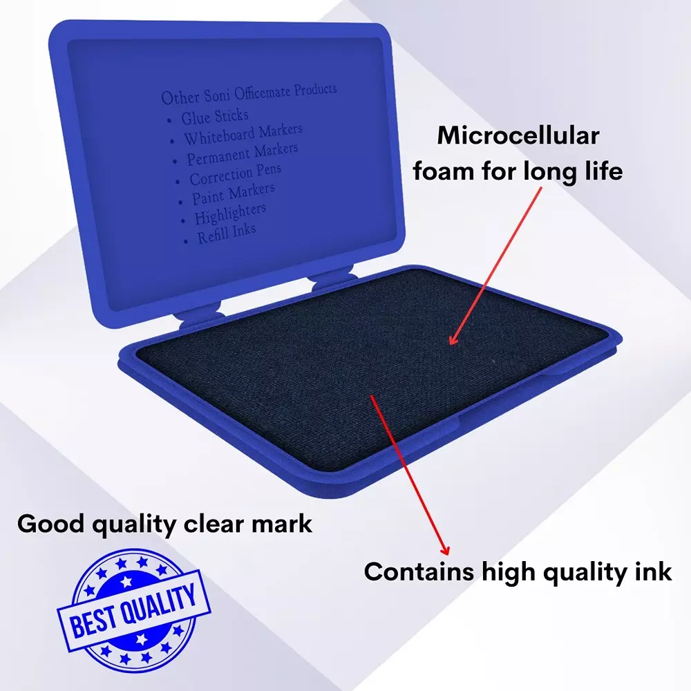Soni Office Mate Stamp Pad 88x54 mm Refillable Design Crisp, Quick-Dry, Smudge-Free Ink for Office, School, Craft & DIY, Blue (Pack of 4)